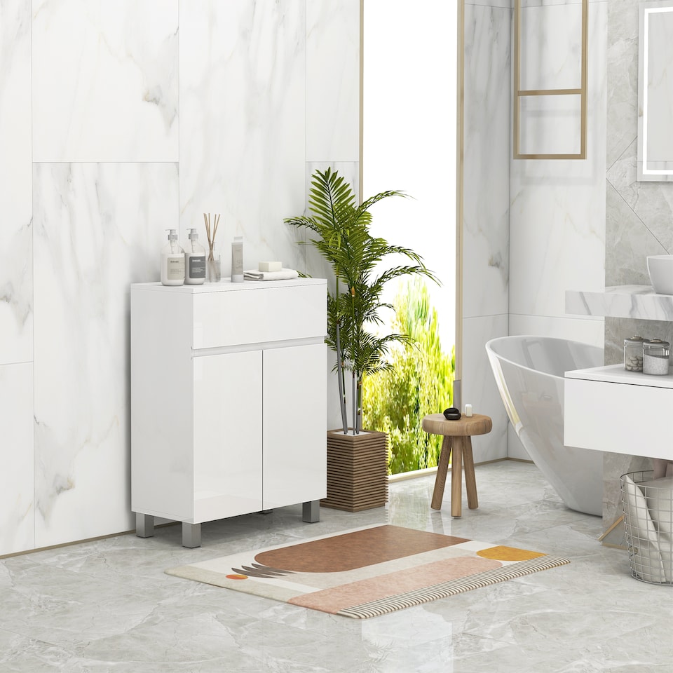 image 1 of kleankin High Gloss Bathroom Floor Cabinet Storage Cupboard with Drawer | White