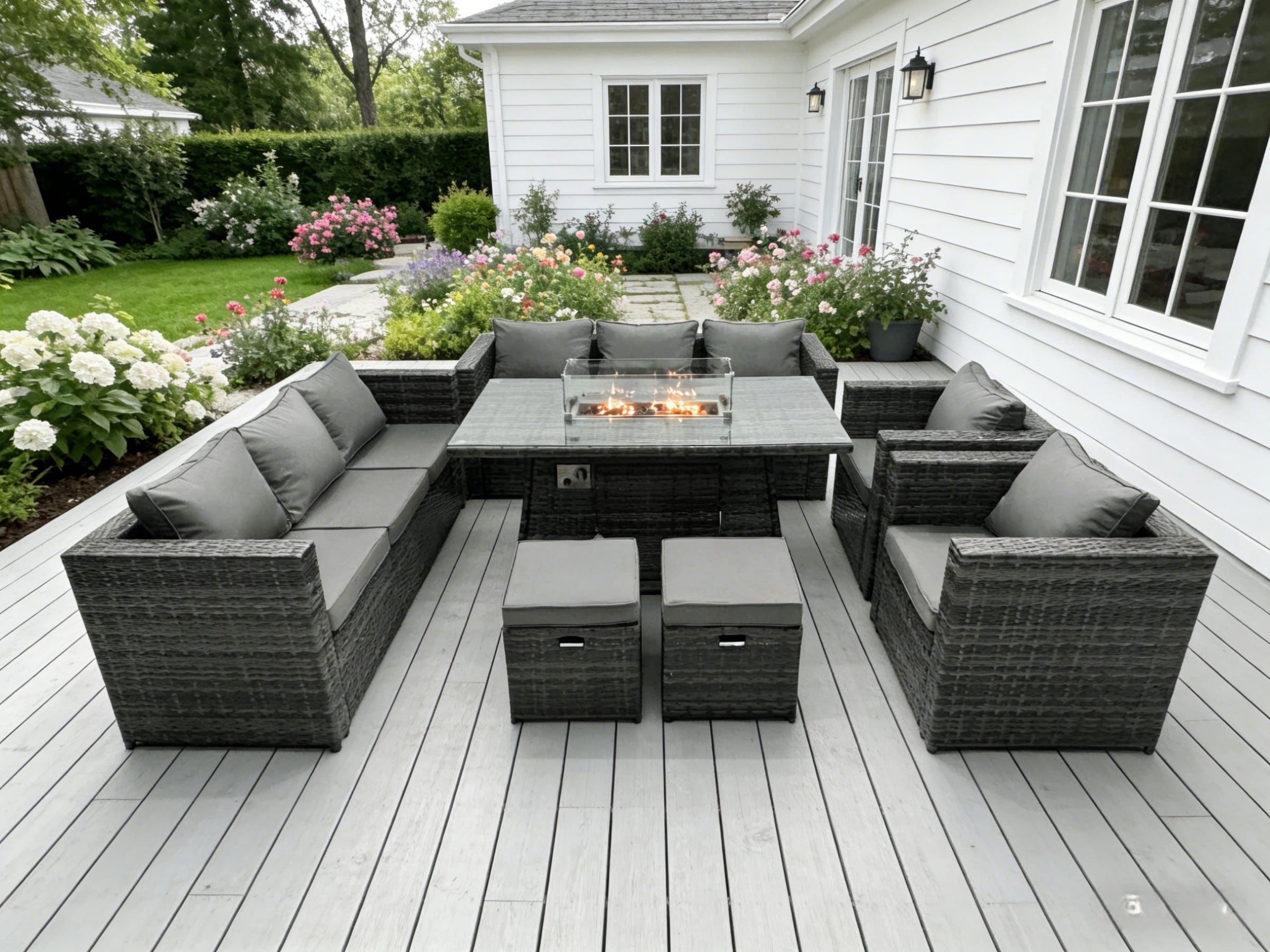 Fimous Outdoor Rattan Garden Furniture Gas Fire Pit Dining Table Sets Gas Heater Lounge Chairs Small Footstools Dark Mixed Grey 10 Seater