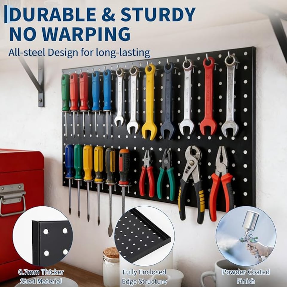 image 1 of London Boutique Metal Tool Pegboard 0.7mm Steel Wall Organiser 60x30cm,3 pcs