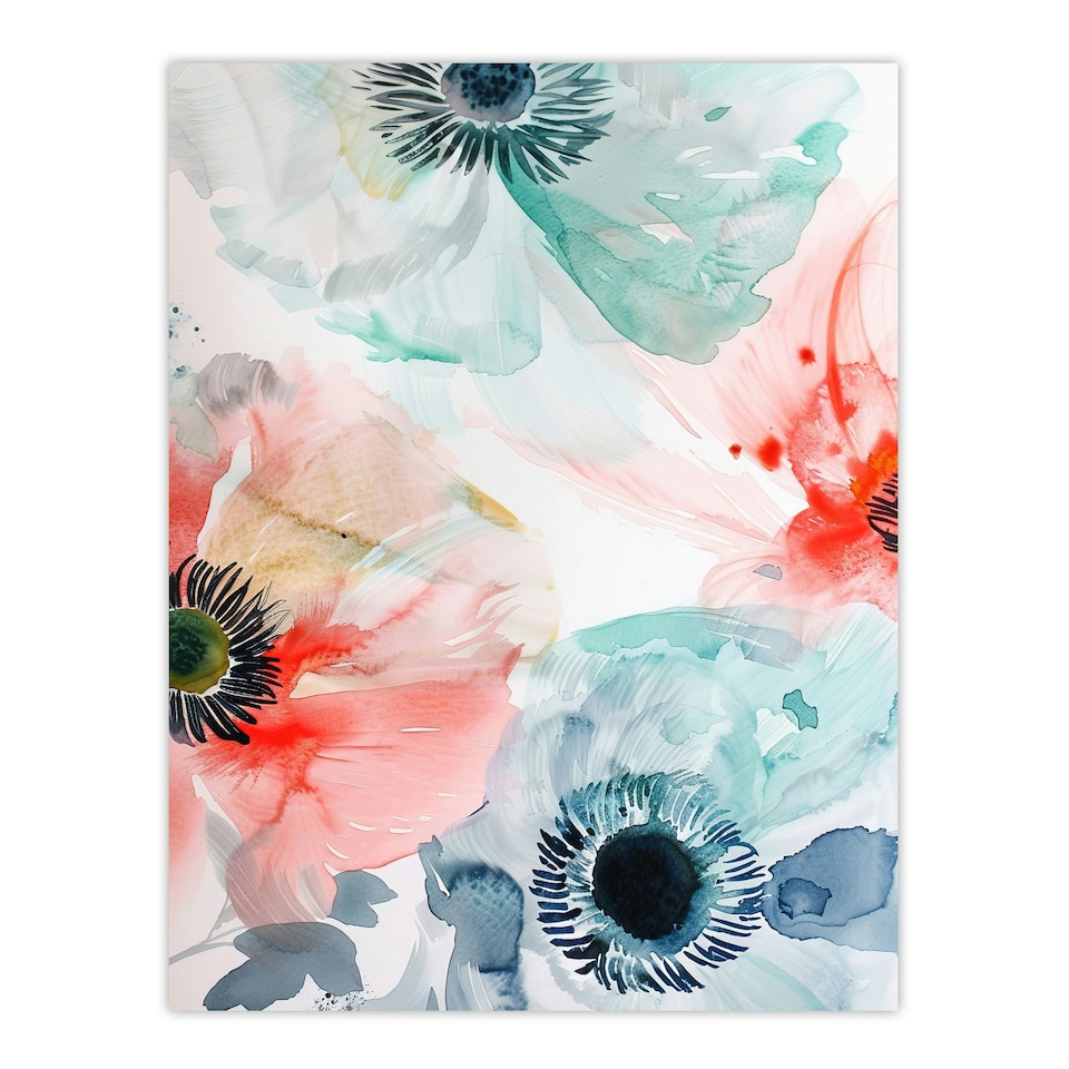 image 1 of Poppy Flowers Teal Red Light Watercolour Home Decor Black Framed Wall Art Print A4