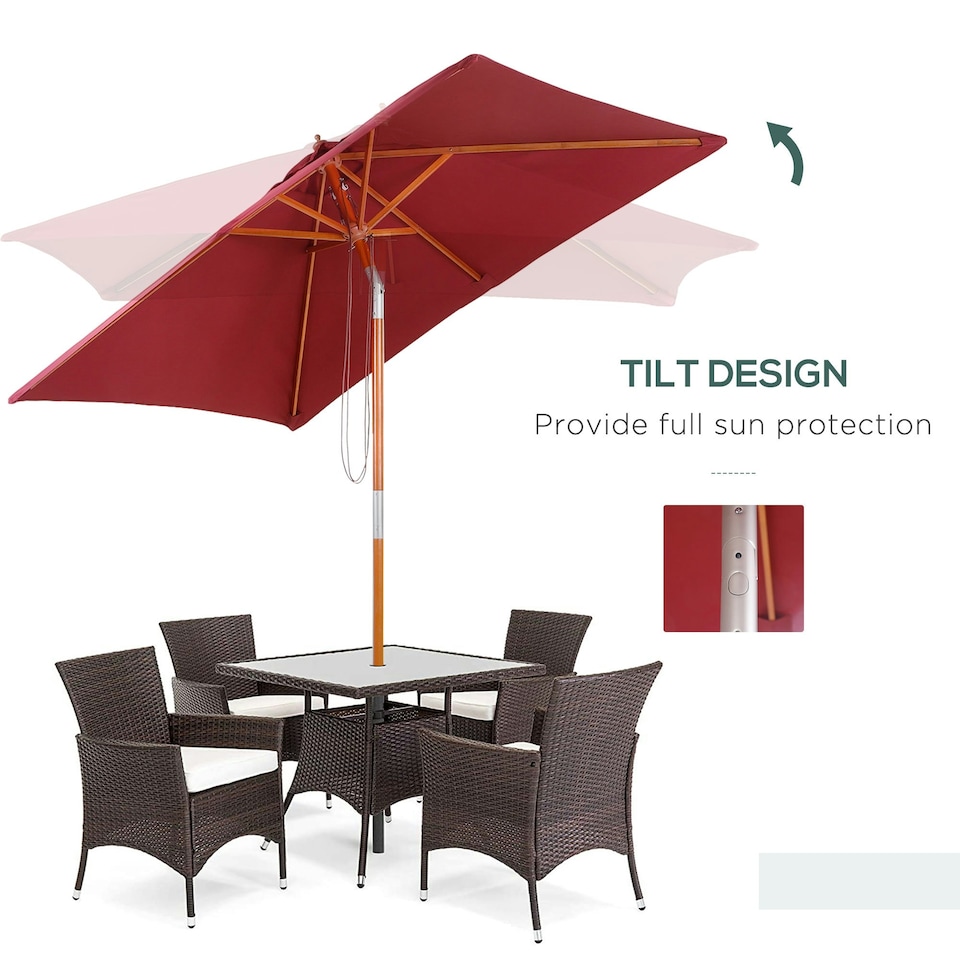 image 1 of Outsunny Wooden Patio Umbrella Parasol Outdoor Sunshade 6 Ribs Red