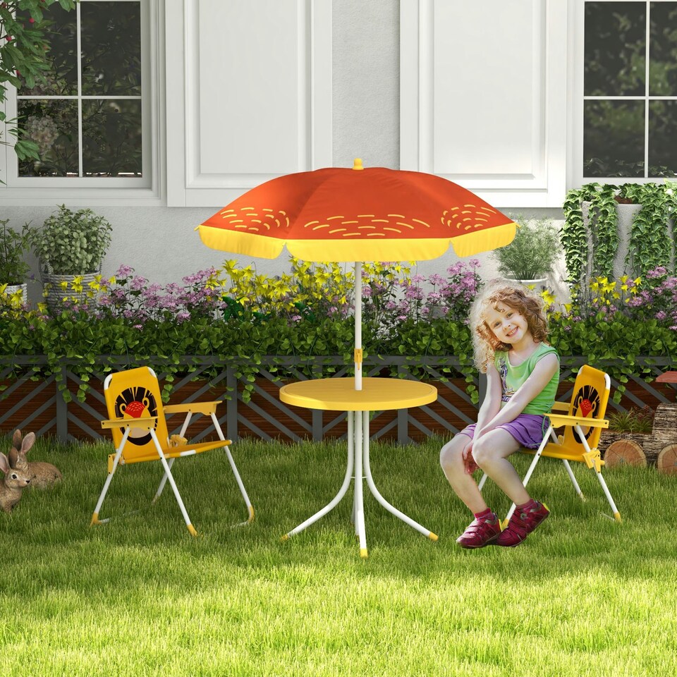 image 1 of Outsunny Kids Bistro Table and Chair Set w/ Lion Theme, Adjustable Parasol
