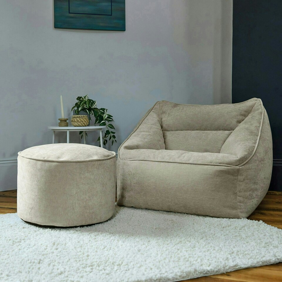 image 1 of icon Natalia Chenille Adults Bean Bag Armchair and Pouffe, Ready Filled Large Beanbag and Footstool Natural Beige Cream