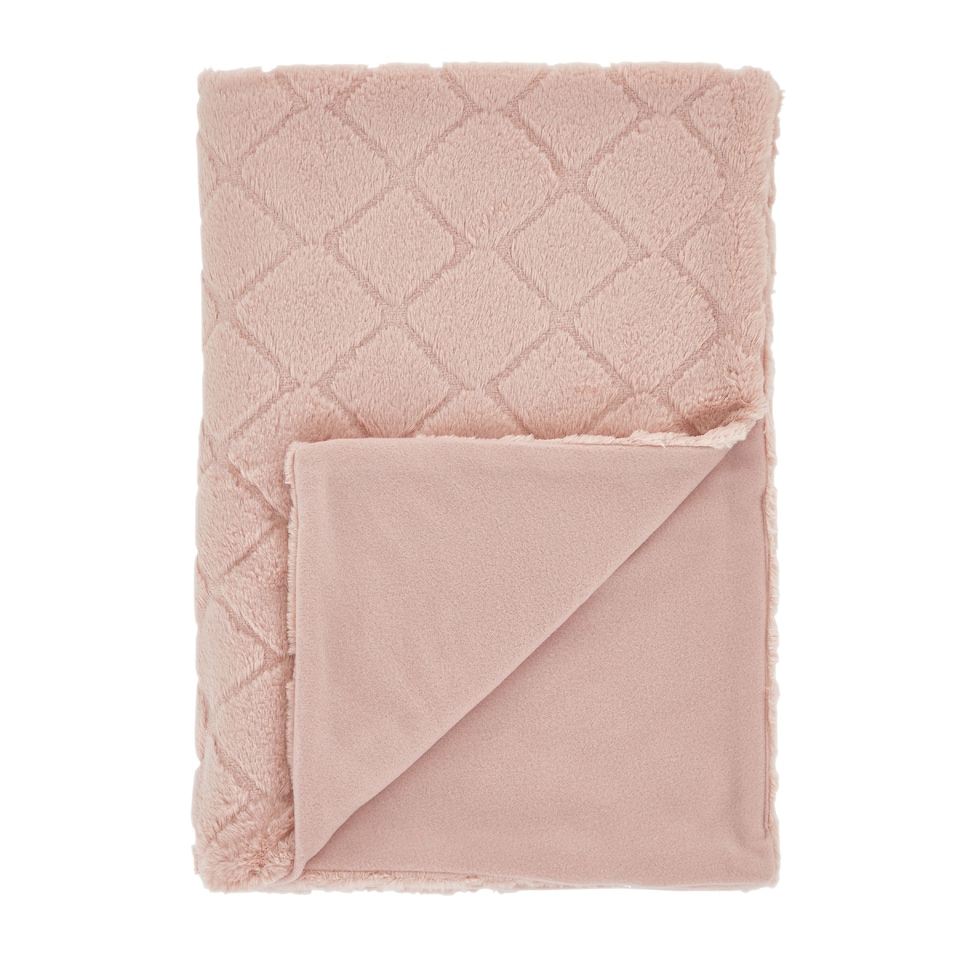 image 1 of Catherine Lansfield Cosy Diamond Faux Fur Soft Blanket Throw | Pink | Blush Pink