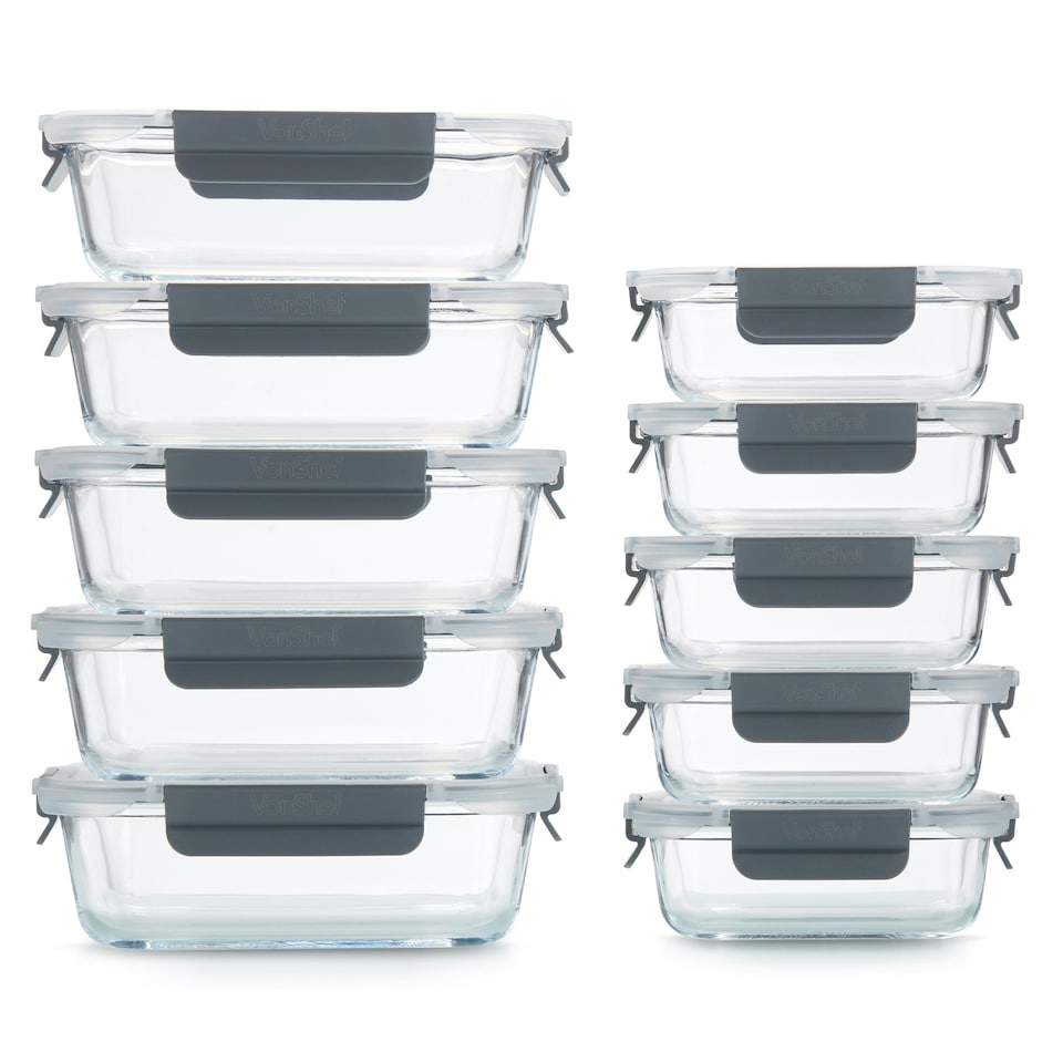 image 1 of VonShef 10Pc Glass Containers with Lids (5 x 1L and 370ml)