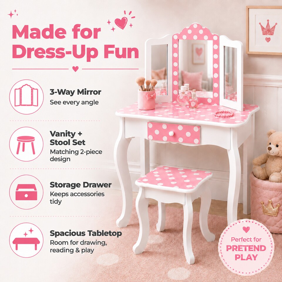 image 1 of Teamson Kids Play Vanity with Stool, Gold & White Polka Dots, Gisele