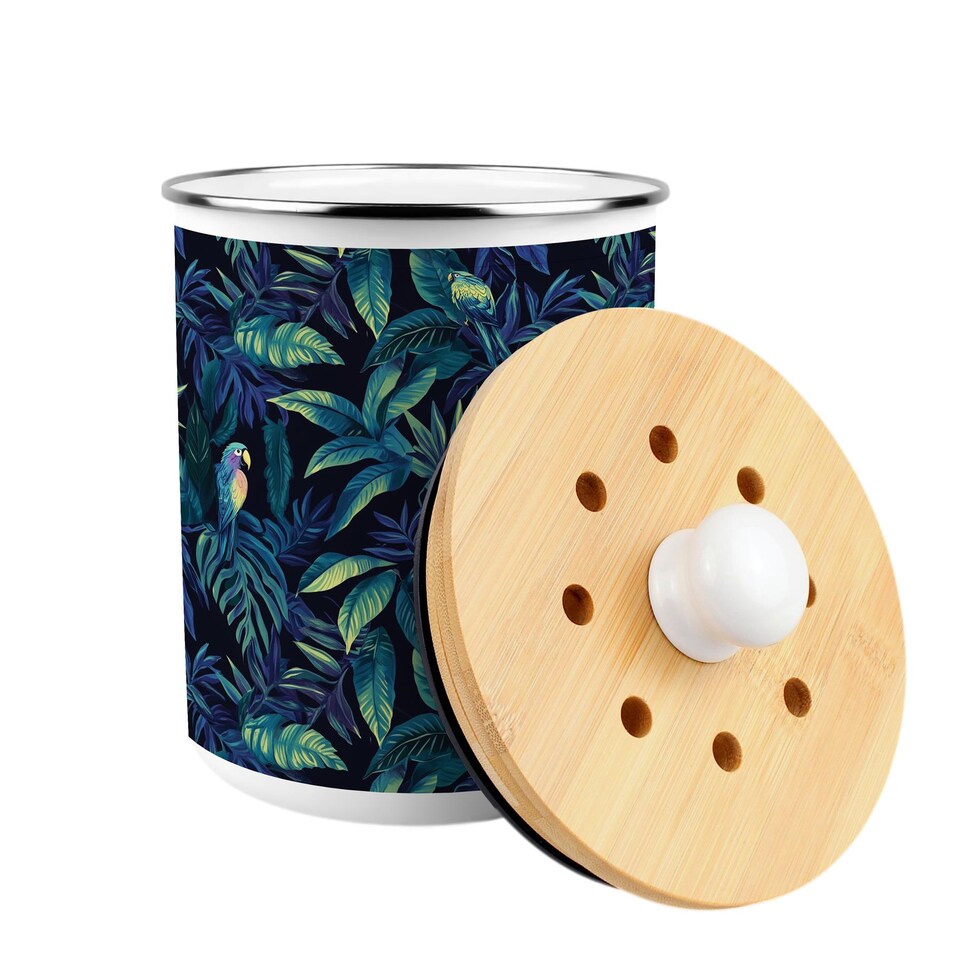 image 1 of Tropical Parrots Food Waste Caddy - Metal 2L Decorative Kitchen Compost Bin
