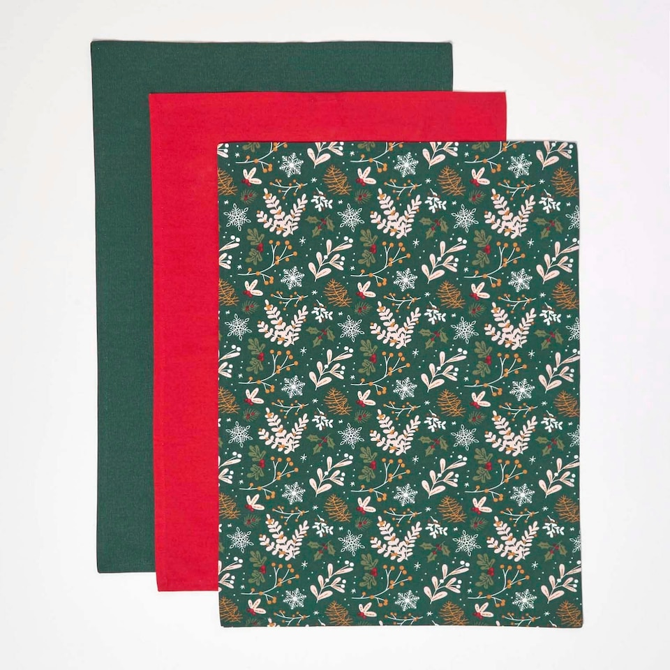 image 1 of Homescapes Festive Forest Green Set of 3 Christmas Tea Towels Green