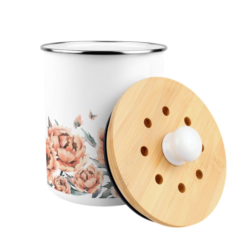 image 1 of Peach Peonies Food Waste Caddy - Metal 2L Decorative Kitchen Compost Bin
