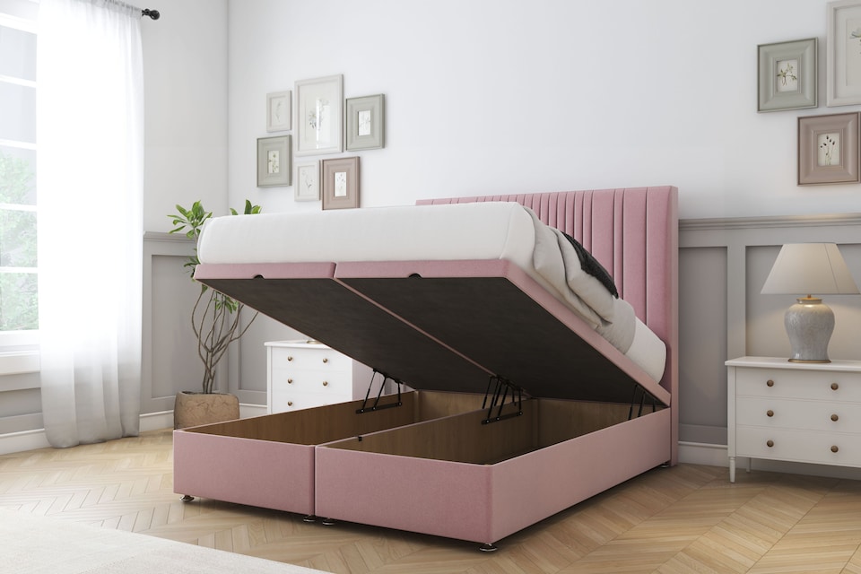 image 1 of Sloomy Kingsley Pink Plush Ottoman Bed With Mattress With 26" Strutted Headboard 5' King