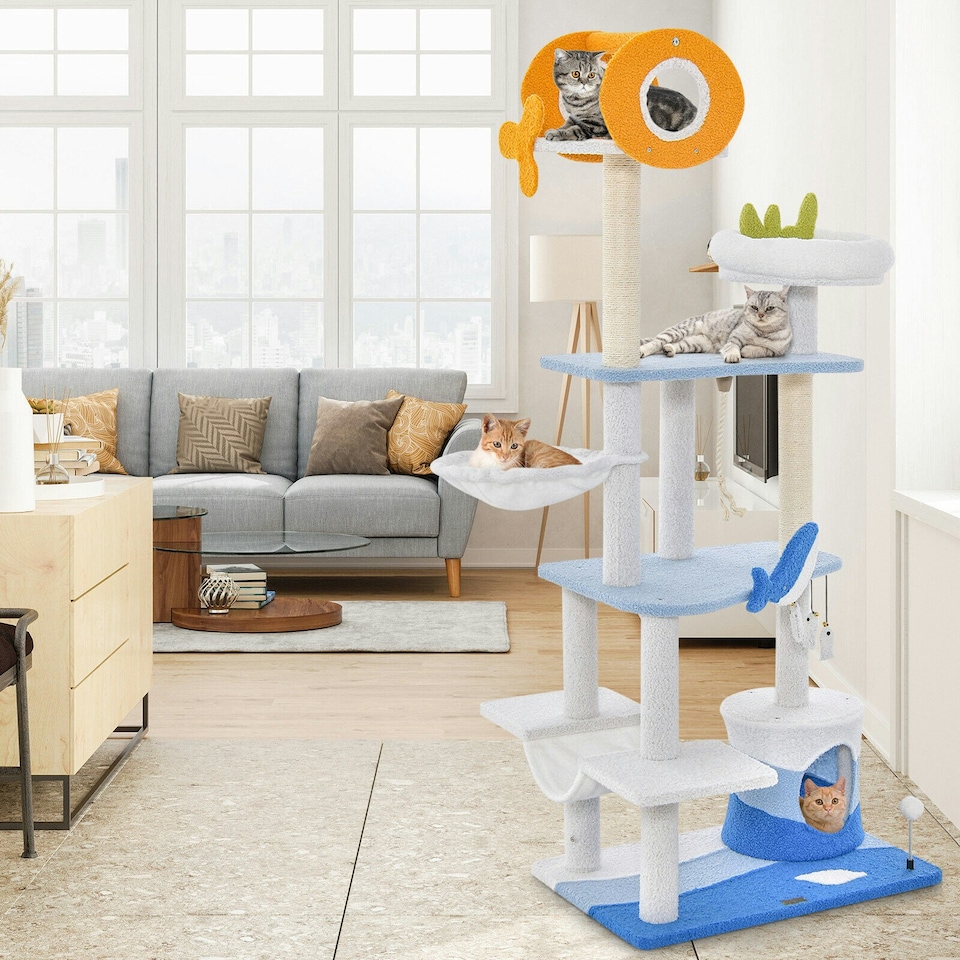 image 1 of COSTWAY Ocean-themed Cat Tree Tower Cat Activity Center