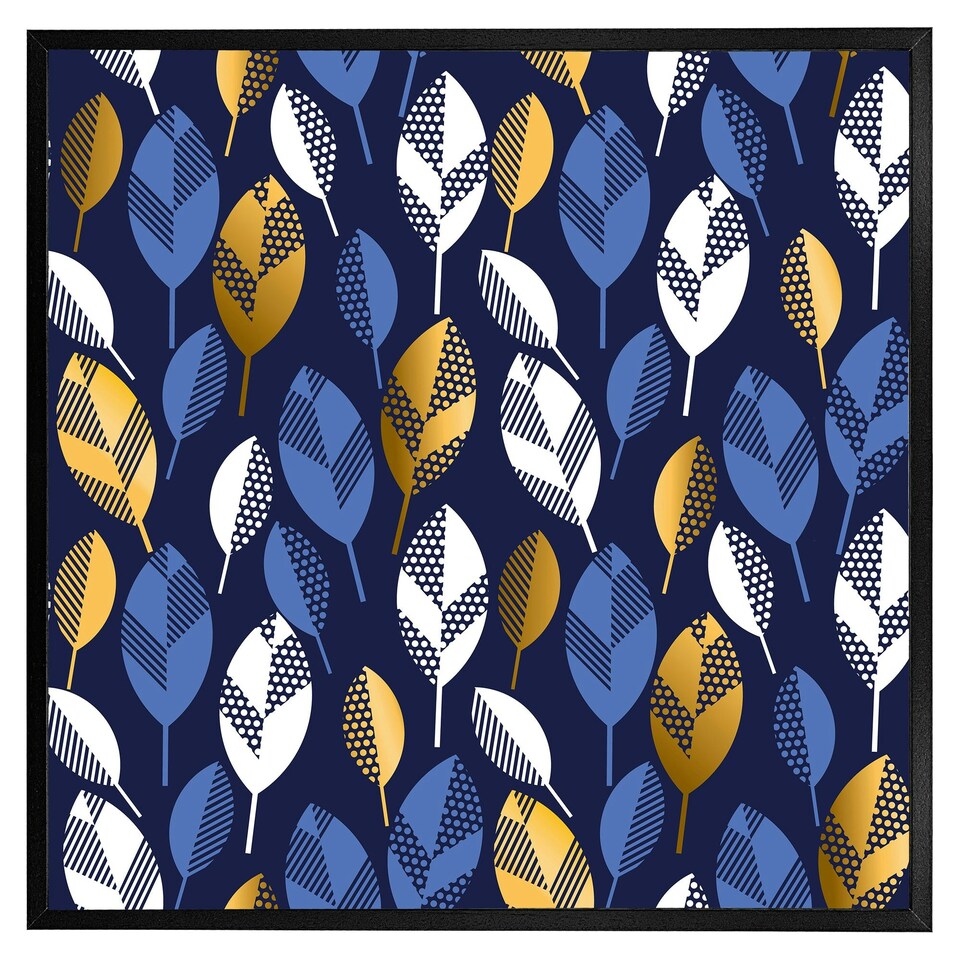 image 1 of White, blue & gold leaves on navy background (Picutre Frame) Grey | XS