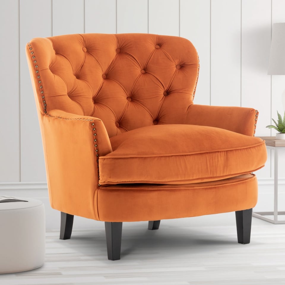 image 1 of Velvet Orange Buttoned Ava Accent Chair