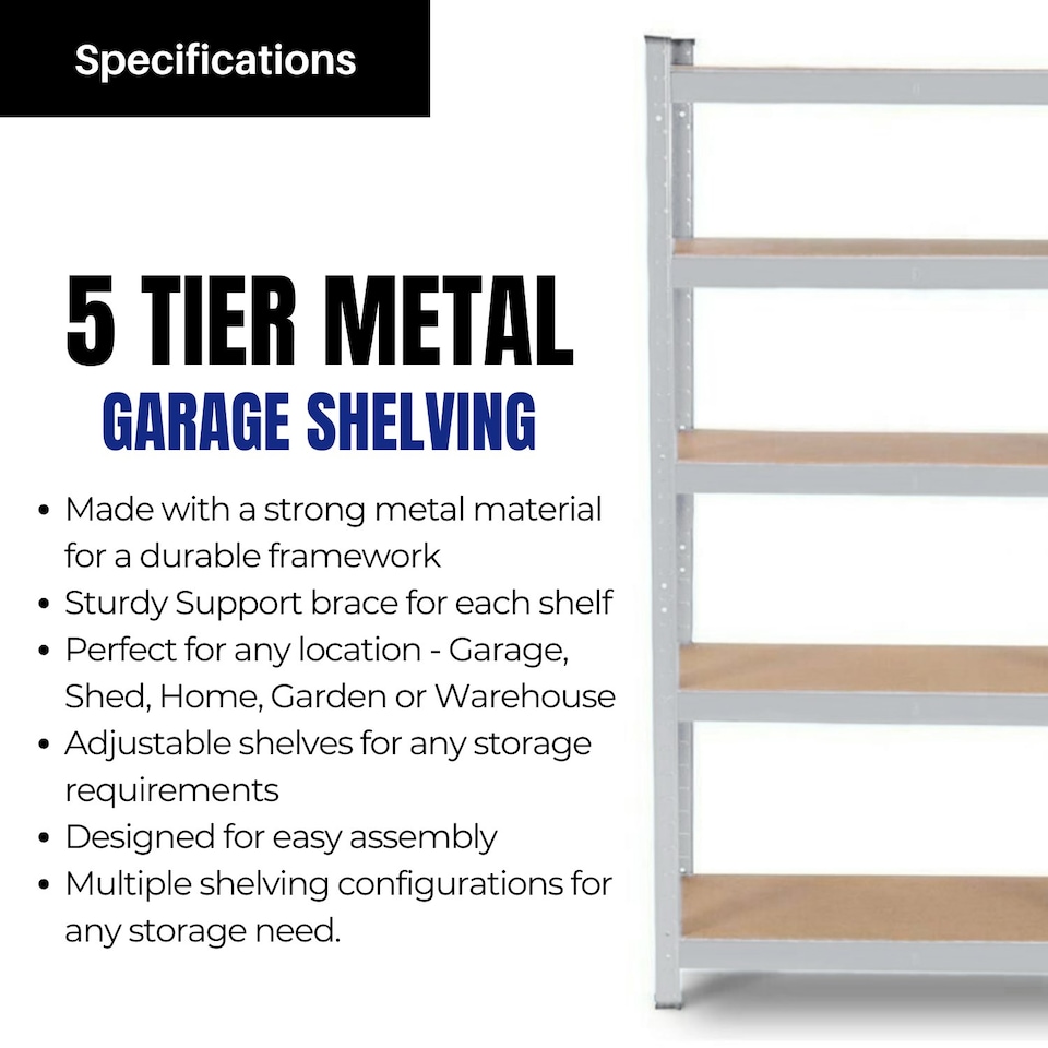 image 1 of Set of 2 Garage Shelving 90cm Wide & 180cm High Heavy Duty 5 Tier Multipurpose Metal Racking Unit / Warehouse Shelving Storage