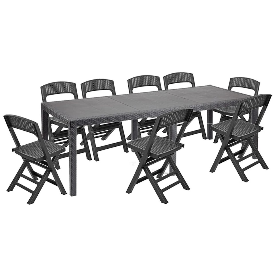 image 1 of Long Anthracite Garden Dining Table & Foldable Chairs Set Outdoor Furniture