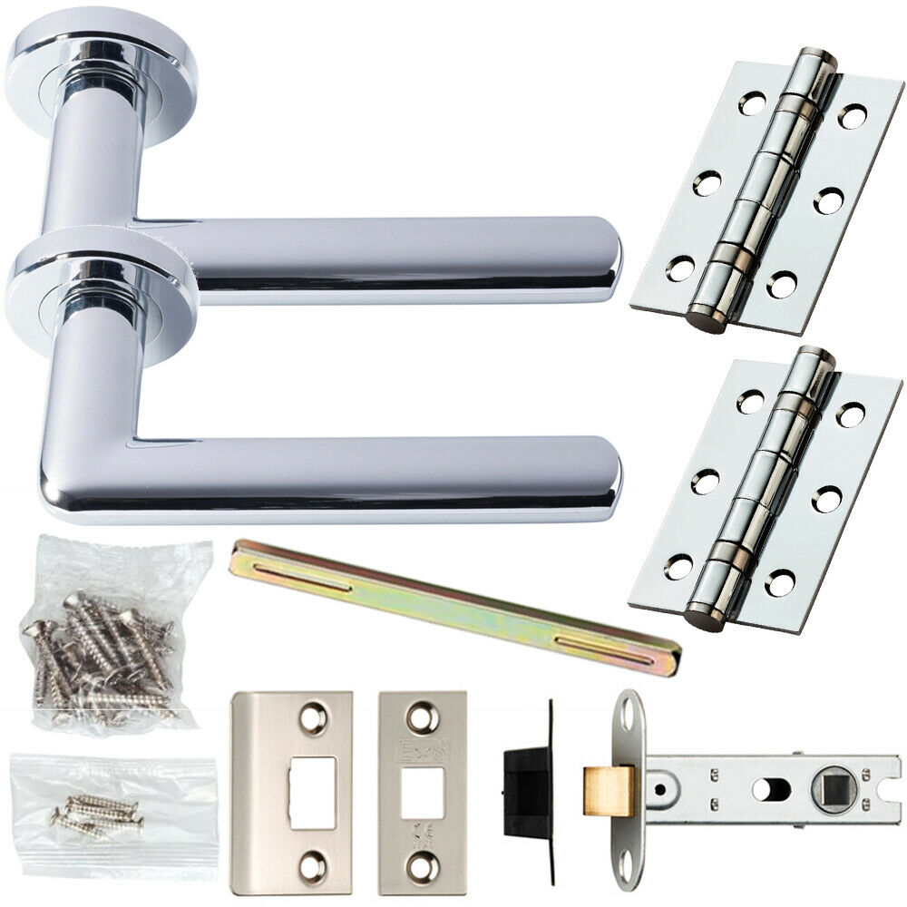 Loops Door Handle & Latch Pack Chrome Modern Straight Slim on Screwless Round Rose