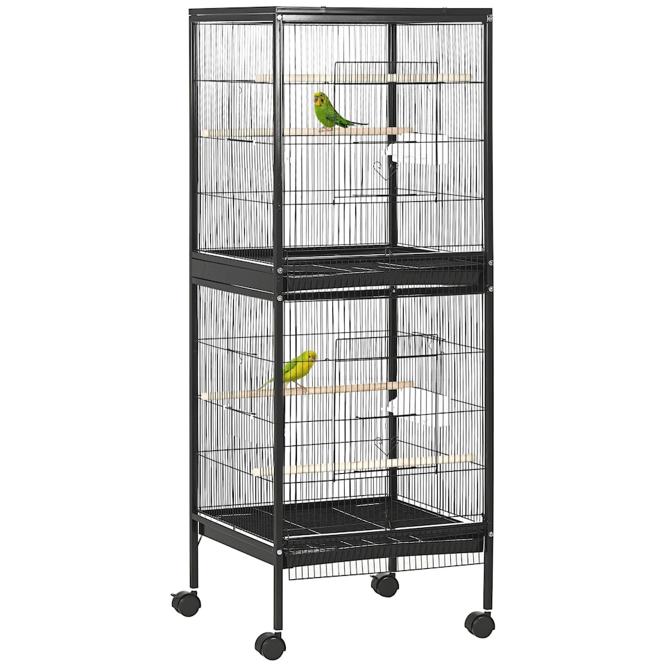image 1 of PawHut 2 In 1 Large Bird Cage Aviary with Wheels, Slide-out Trays Wood Perches