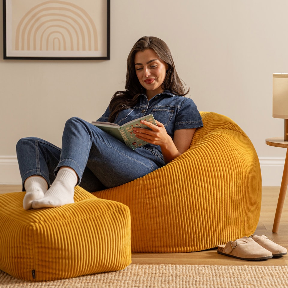 image 1 of Kingston Cord Adults Bean Bag Chair and Pouffe, Ready Filled Beanbag and Footstool Ochre Yellow | Yellow | Ochre Yellow | 2