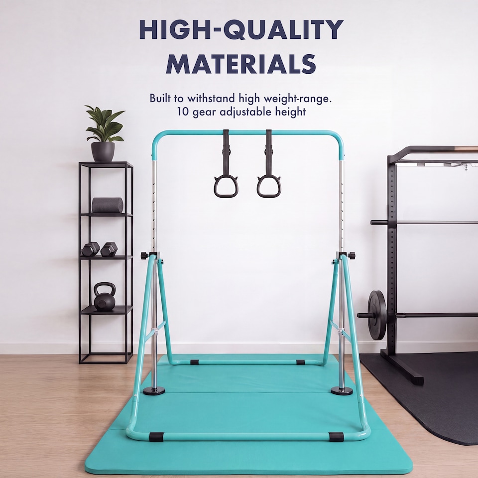 image 1 of Kayman Gymnastics Bar and Floor Mat Set for Kids with Training Rings