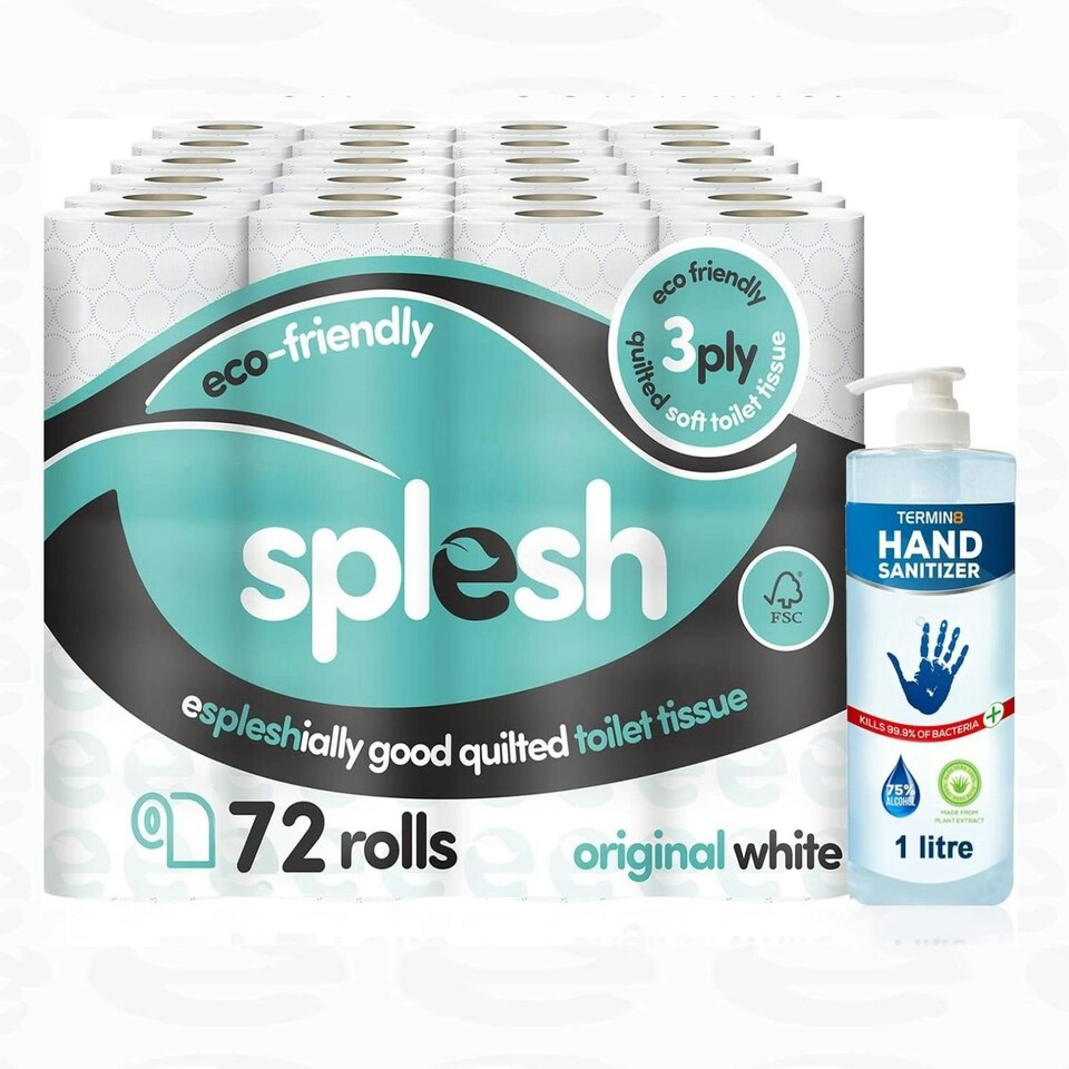 Splesh Toilet Tissue 72 Pack Original Scented and 1 Litre Hand Sanitiser Family Saver Bundle