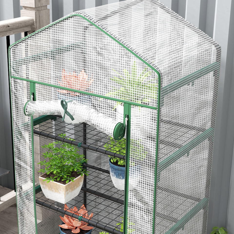 image 1 of Outsunny 5 Tier Mini Greenhouse Grow House w/ Roll Up Door, White/Green | Green | 1