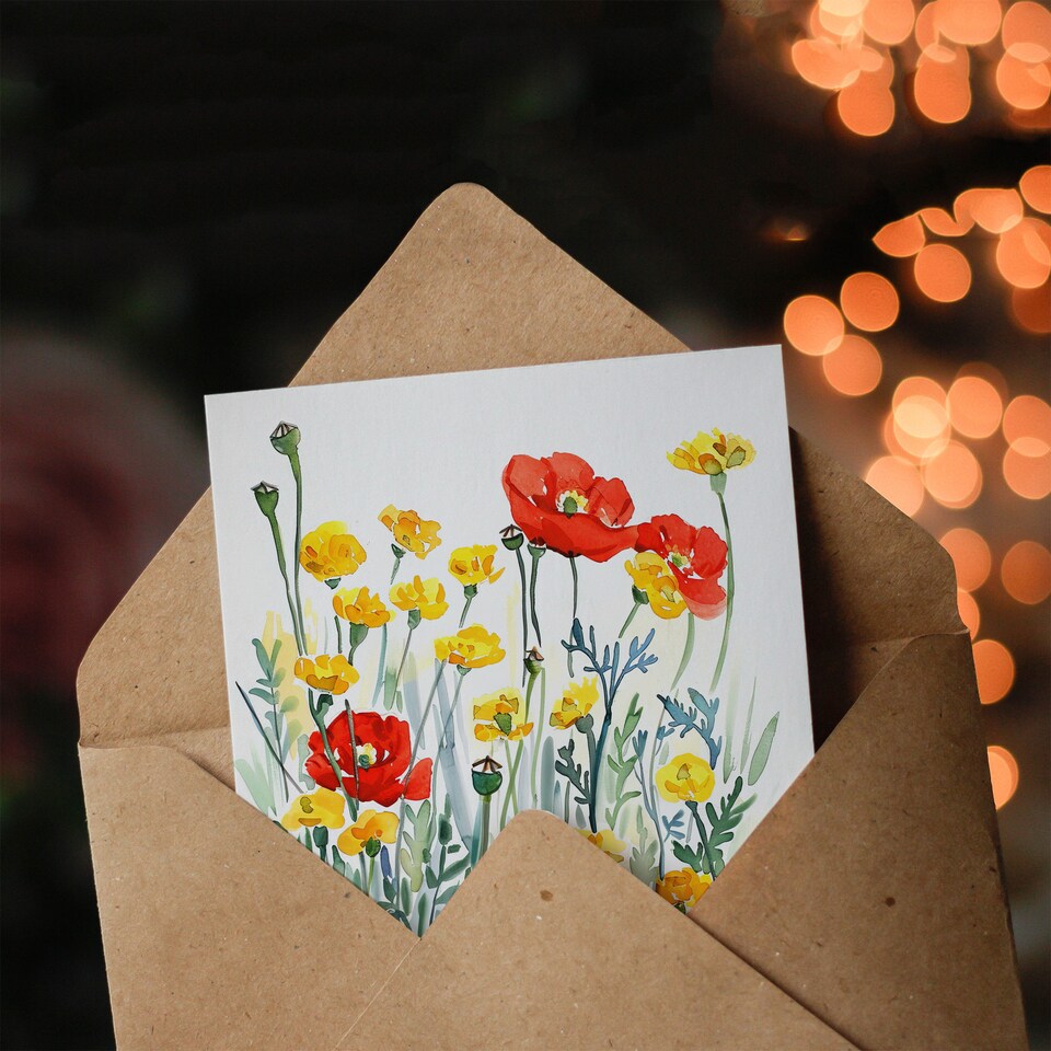 image 1 of Greeting Card Red Poppies and Yellow Marigolds Wildflower Field