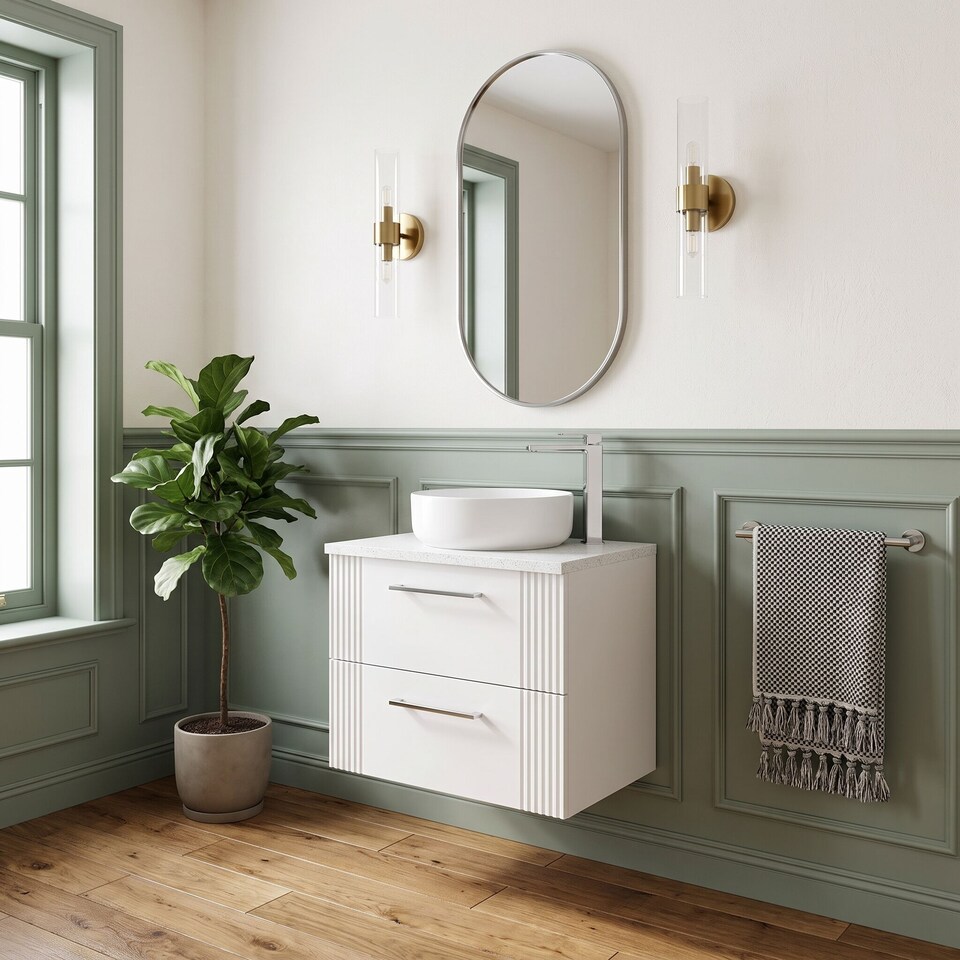 image 1 of Balterley Partial Fluted 2 Drawer Wall Hung Vanity Unit with Sparkling Laminate Worktop | White | Satin White