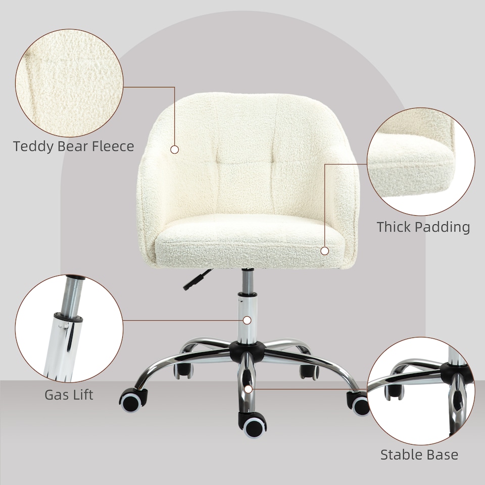 image 1 of HOMCOM Vanity Swivel Chair, Teddy Fleece Office Desk Chair with Adjustable Height for Home, Study, Bedroom, Makeup, Cream White