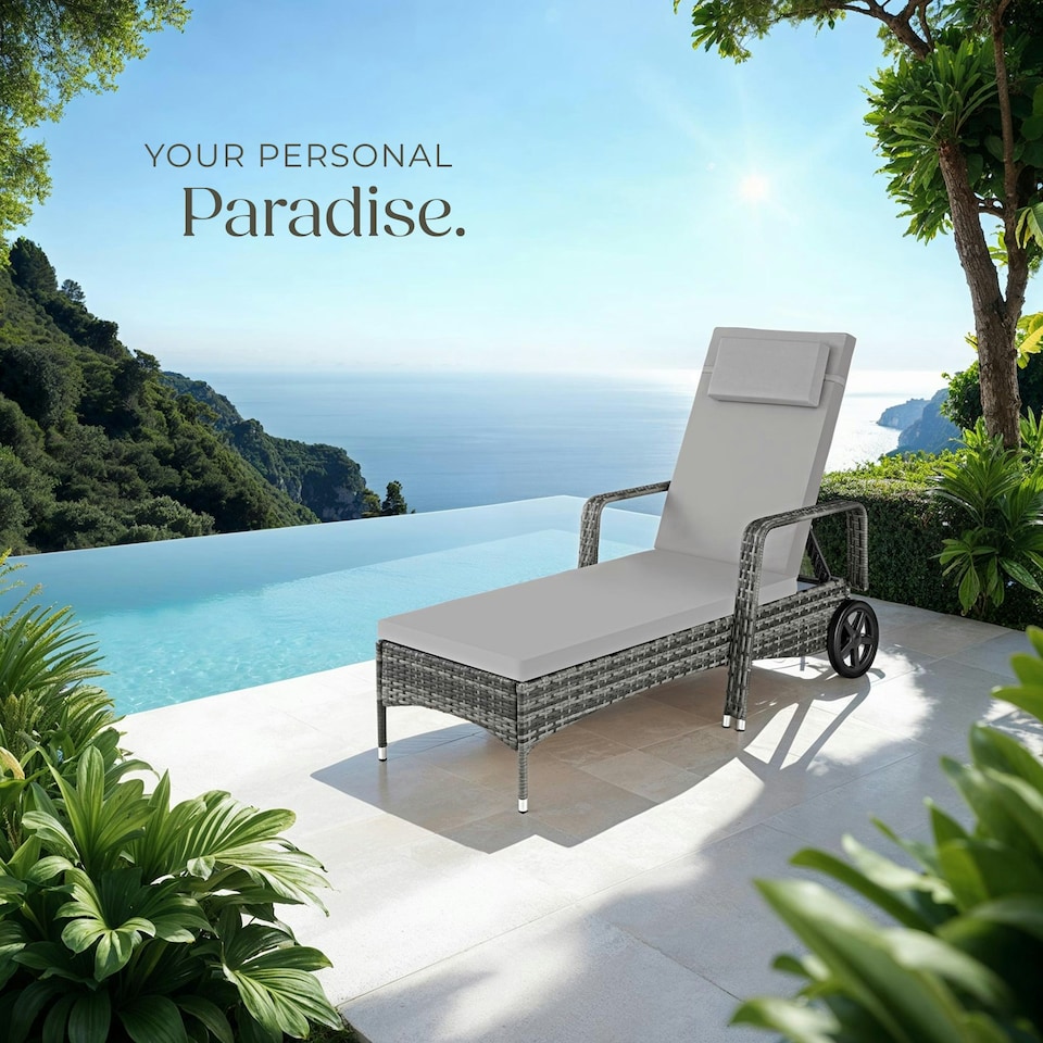 image 1 of Sun Lounger - 6-position backrest, weather & UV-resistant, soft pillow, two wheels Grey | Light Grey