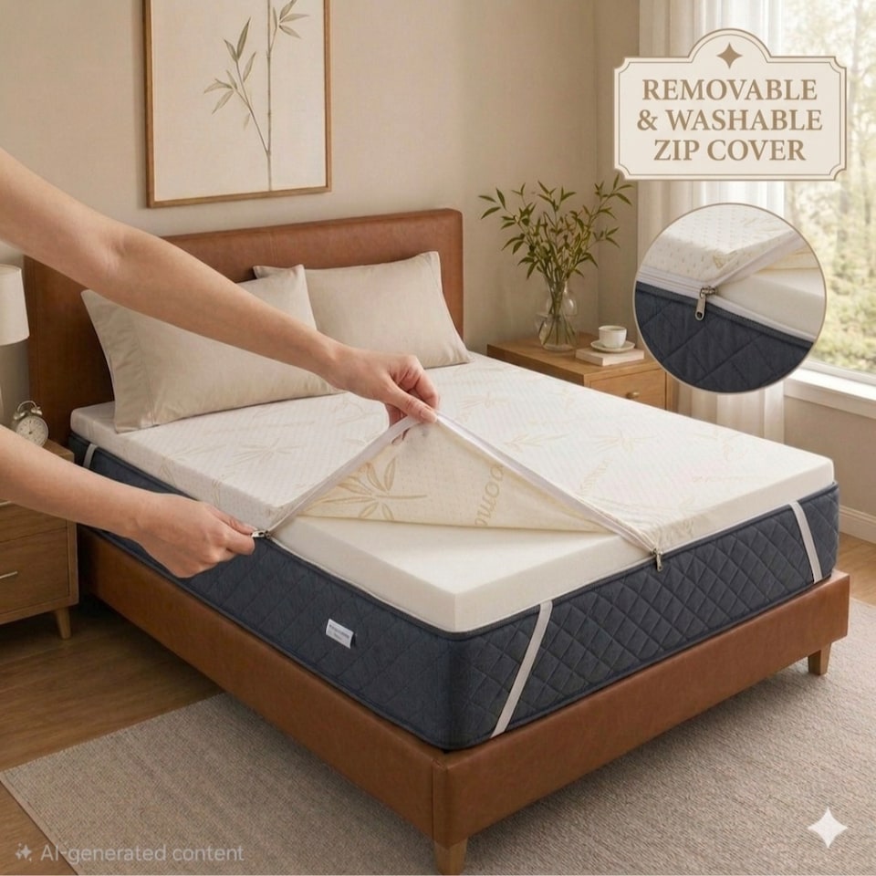 image 1 of 2 inch - 5cm Memory Foam Mattress Topper for King Size Bed With Removable and Washabel Bamboo Zip Cover and Elastic Strap