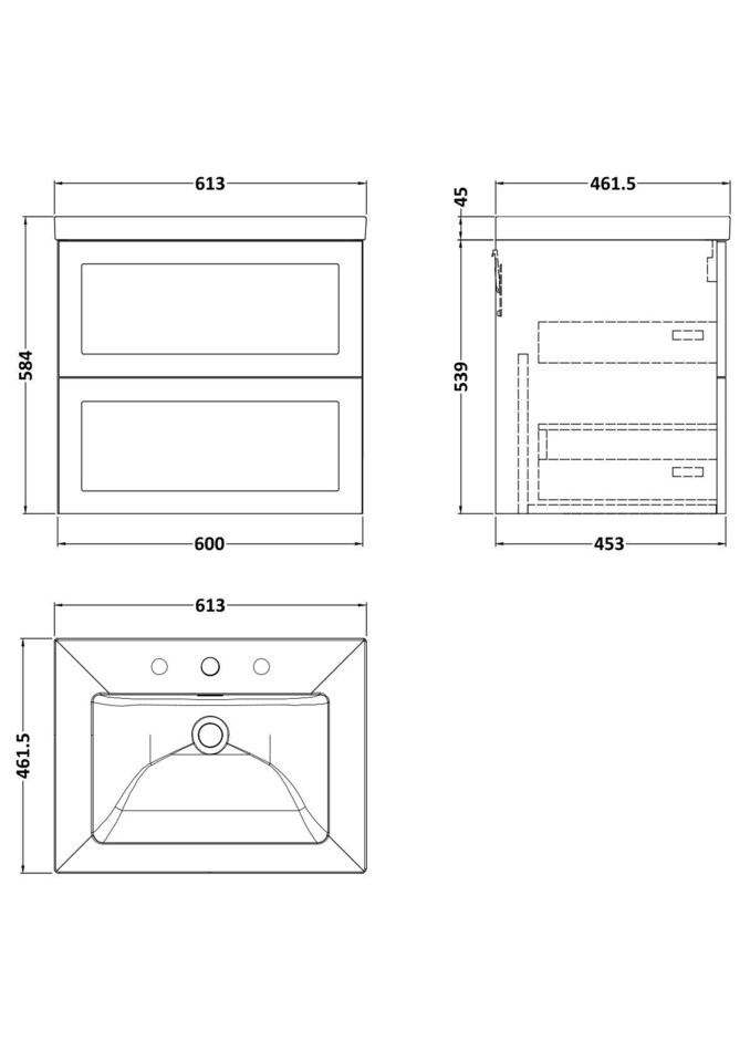 image 1 of Balterley Stonnall Traditional Wall Hung 2 Drawers Vanity Unit with 3 Tap Hole Fireclay Basin, 600mm, Matt White