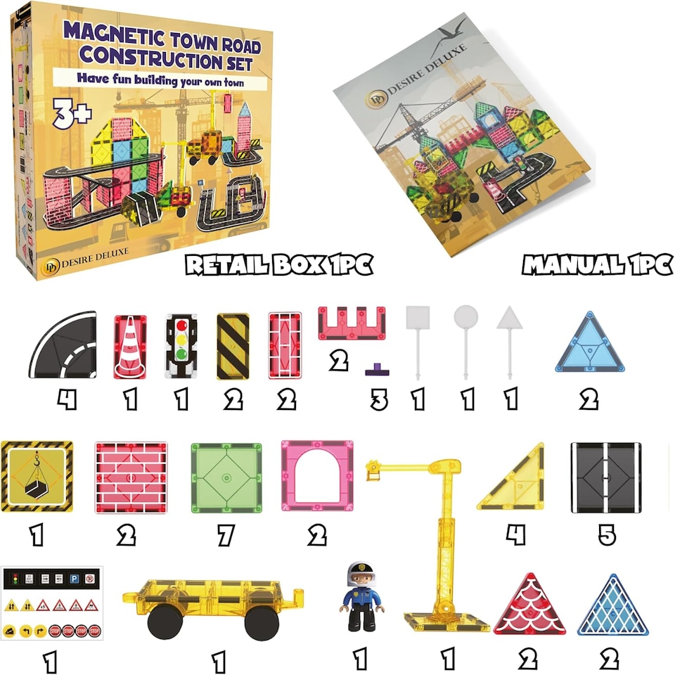 image 1 of Desire Deluxe Magnetic Building Tiles Road Blocks - Magnet Crane Car Set for Kids, Educational Preschool STEM Learning Montessori Construction Toddler Toy for Boys & Girls 3+ Year