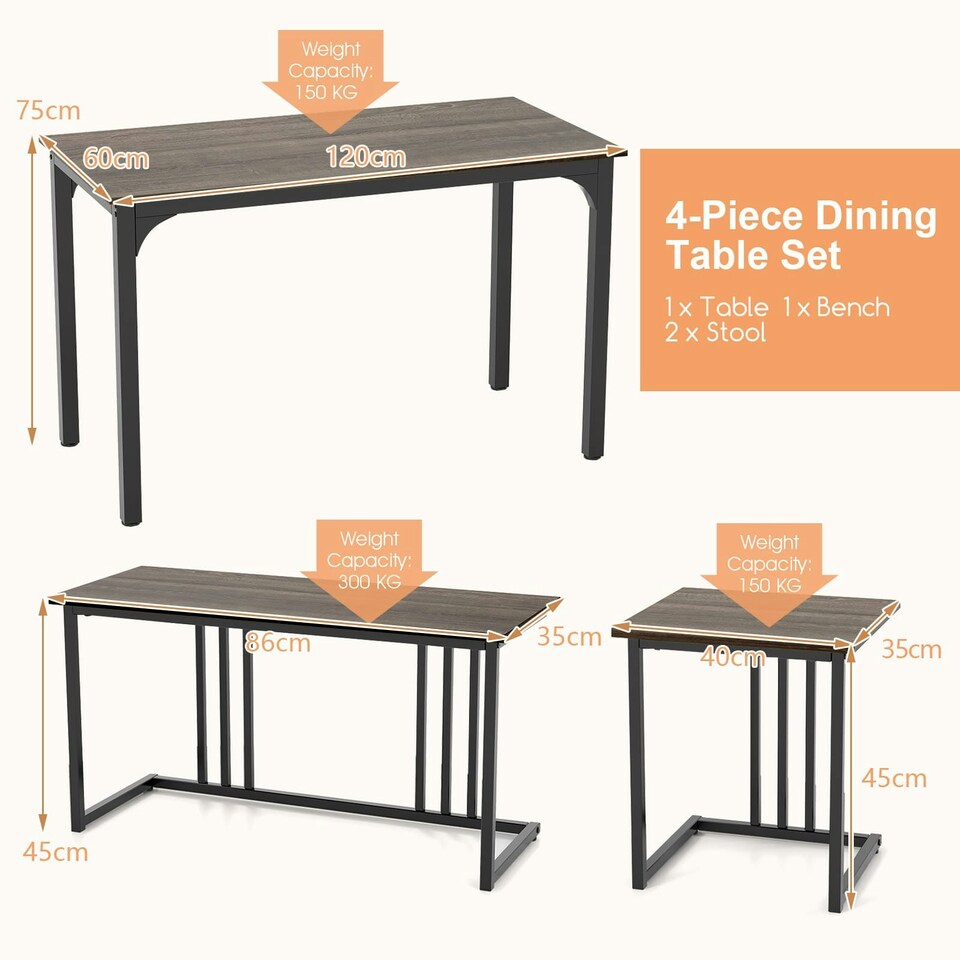 image 1 of COSTWAY 4-Piece Dining Table Set W/ Bench & 2 Stools Grey