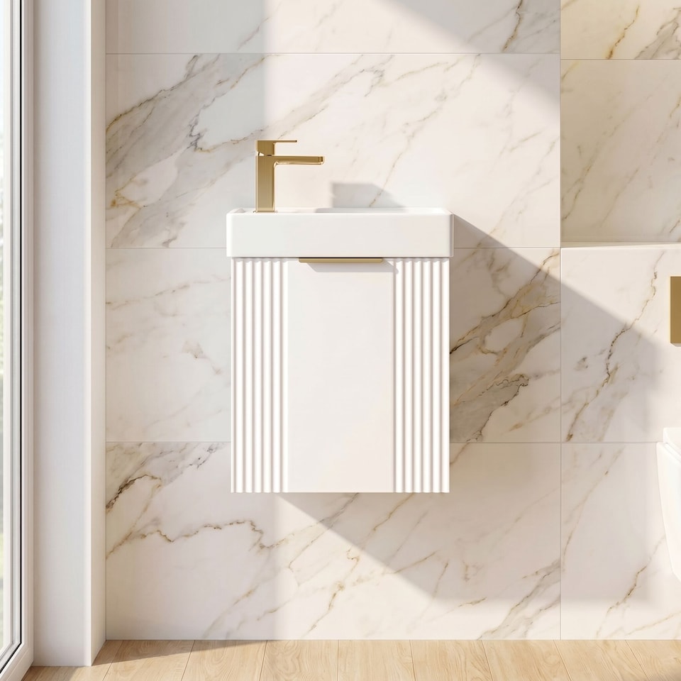 image 1 of Balterley Wall Hung Cloakroom Vanity Basin Unit with Handle Compact Bathroom Storage | White | Satin White | 438 x 400 x 222mm | 1