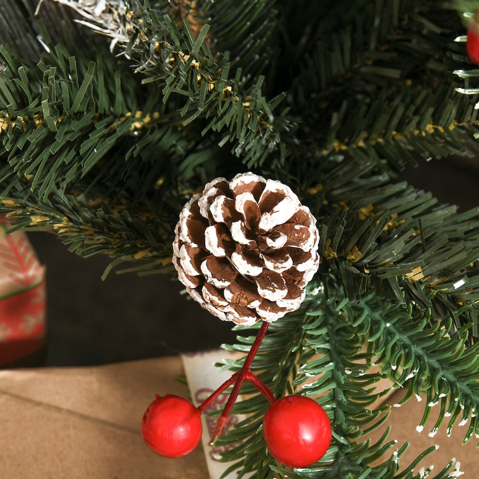 image 1 of HOMCOM 4FT Artificial Snow Dipped Christmas Tree mas Pencil Tree Holiday Home Party Decoration with Foldable Feet Red Berries White Pinecones, Green