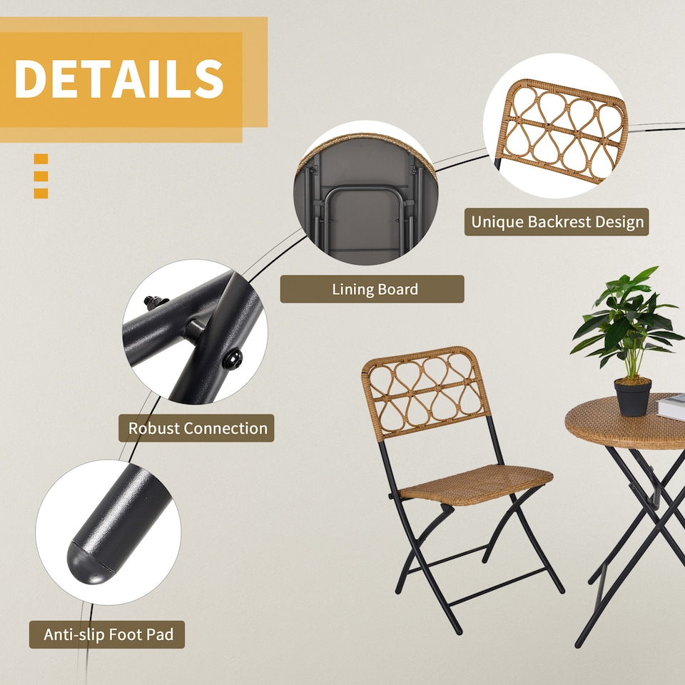 image 1 of Outsunny 3 Pieces Rattan Bistro Set, Wicker Folding Garden Furniture Set with Coffee Table and Chairs for Outdoor, Patio, Balcony, Natural