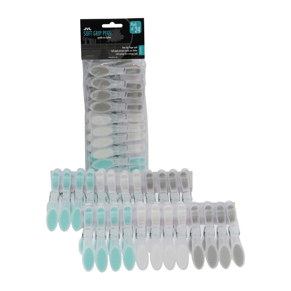 image 1 of JVL Plastic Peg Basket, Grey with 48 Soft Grip Plastic Pegs, Aqua
