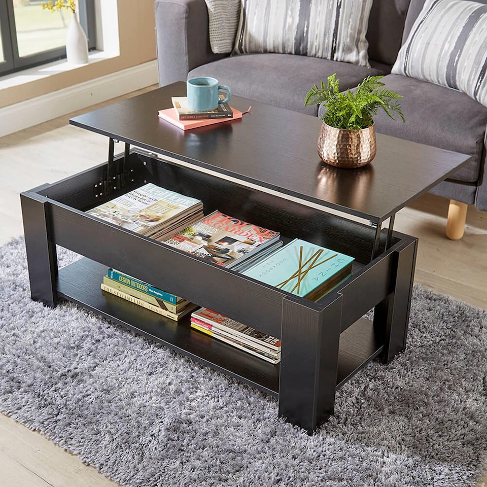 image 1 of Wooden Coffee Table With Lift Up Top Storage Area and Magazine Shelf | Black