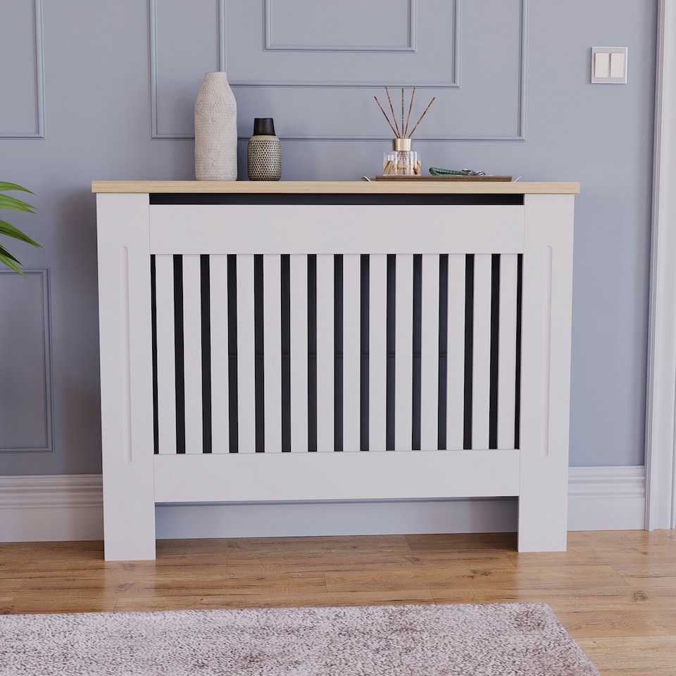 image 1 of Vida Designs Arlington Radiator Cover Painted MDF Slatted Cabinet, White, 111cm