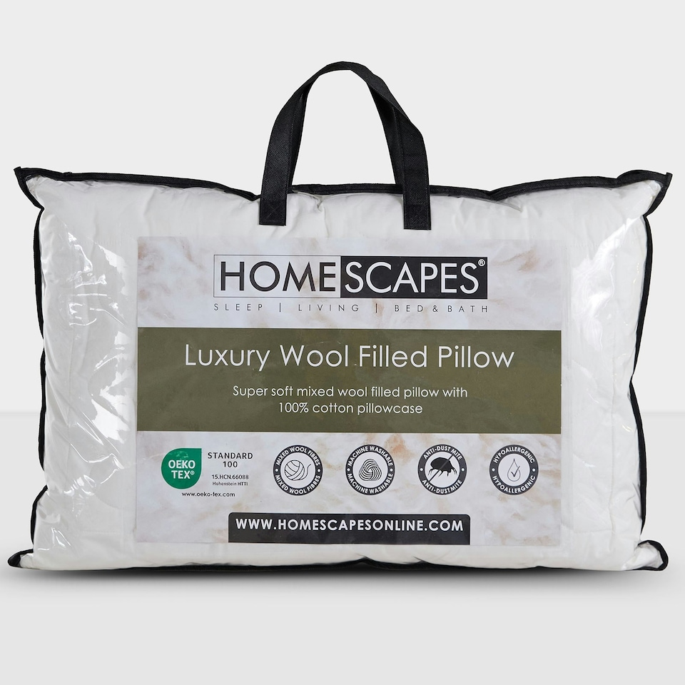 image 1 of Homescapes Premium Wool Pillow with Quilted Case, 19 x 29" White