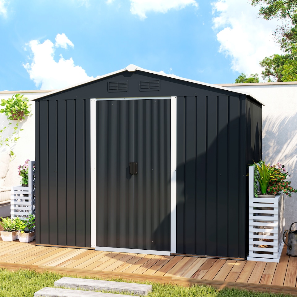 image 1 of Outsunny 7.7 x 5.7ft Metal Garden Shed with Ventilation Slots and Sliding Doors, Galvanised Outdoor Tool Storage House, Grey