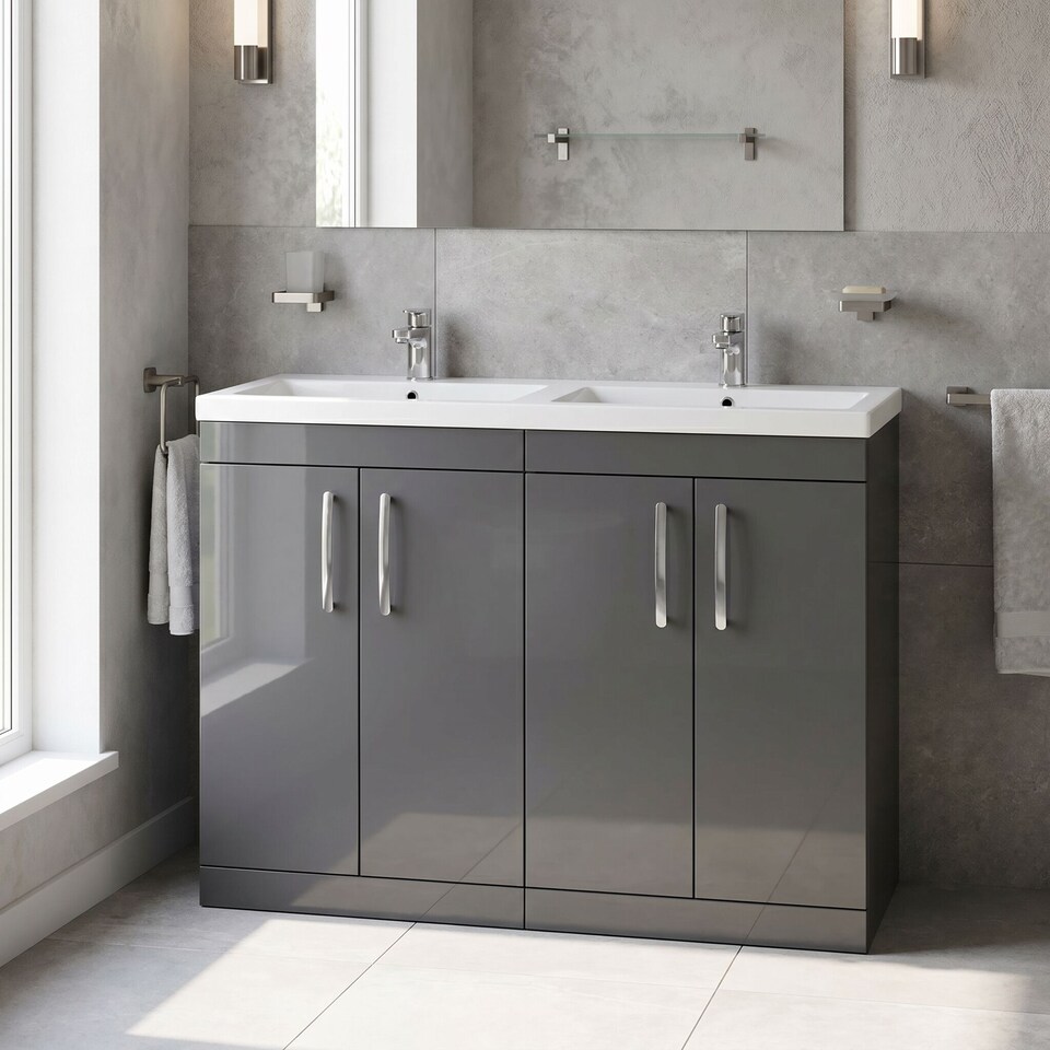 image 1 of Balterley Millwich Contemporary 4 Door Floor Standing Vanity Unit with Basin, Gloss Grey, 1200mm