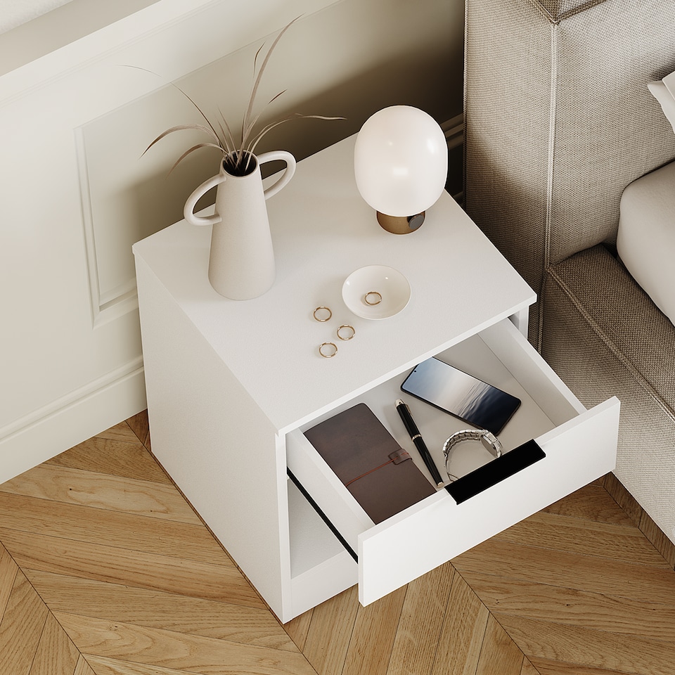 image 1 of Vida Designs Trega 1 Drawer Bedside Chest Bedroom Storage Unit - (H) 41cm x (W) 39cm x (D) 28cm - White