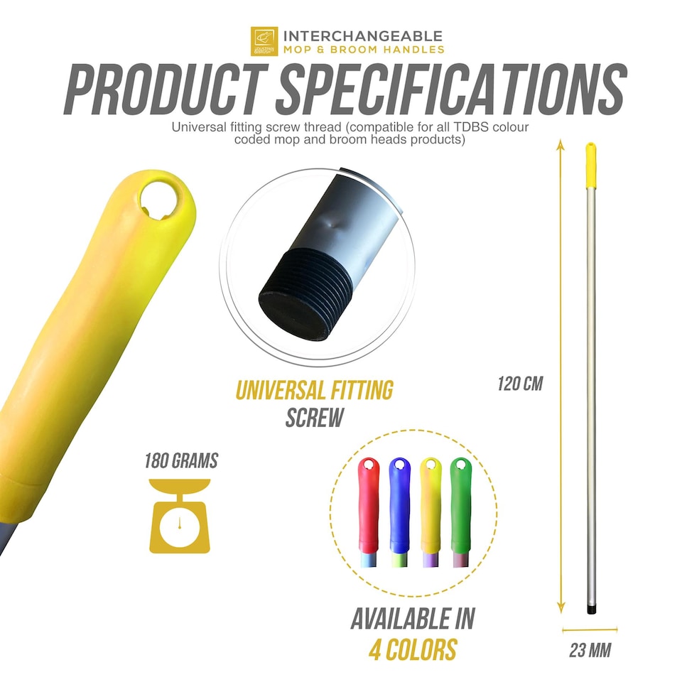 image 1 of Colour-Coded Aluminium Mop & Broom Handle 120cm Universal Screw Fit