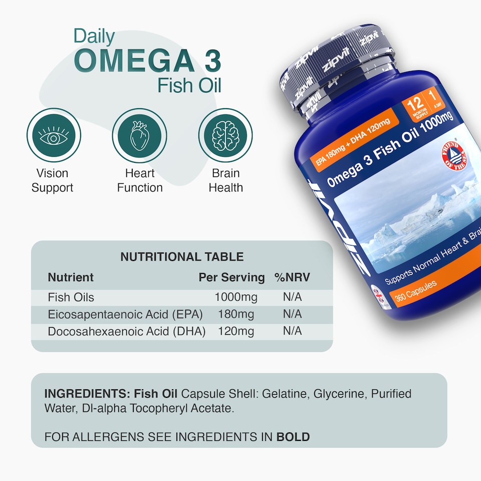 image 1 of Zipvit Omega 3 1000mg, Heart, Brain & Vision Support, 360 Softgels, 12-Month Supply