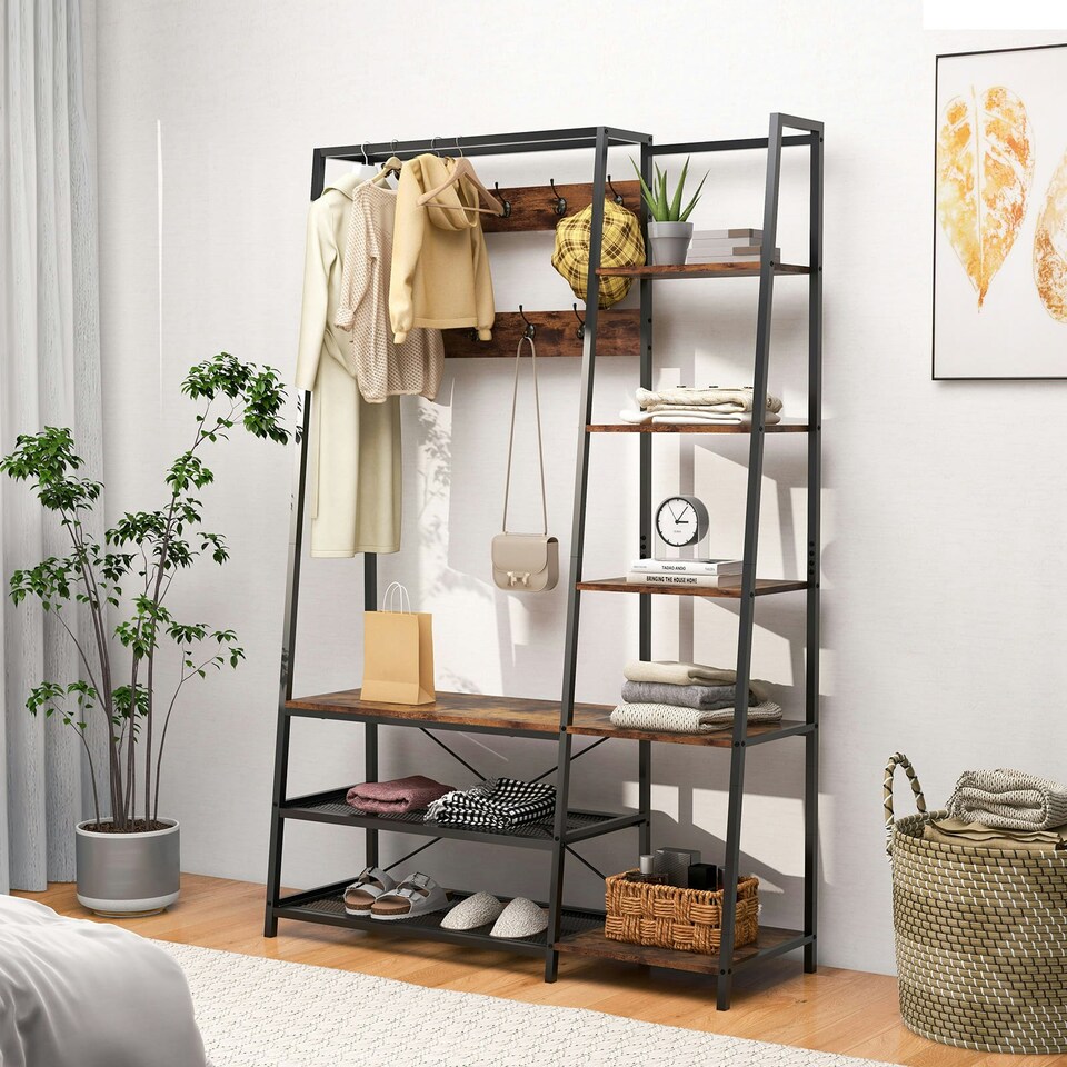 image 1 of COSTWAY 5-in-1 Entryway Bench Industrial Coat Rack with 9 Hooks | Brown | One Size