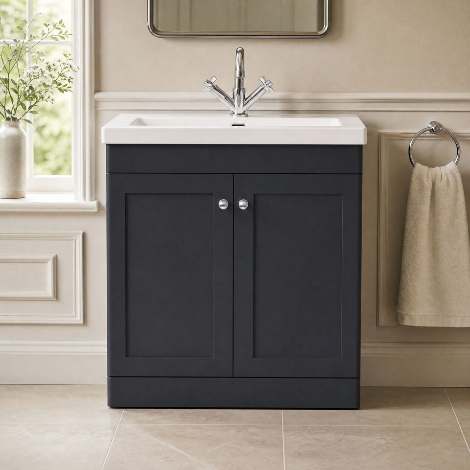 image 1 of Balterley Swynnerton Traditional 2 Door Floor Standing Vanity Unit with Fireclay Basin, Dark Grey, 800mm