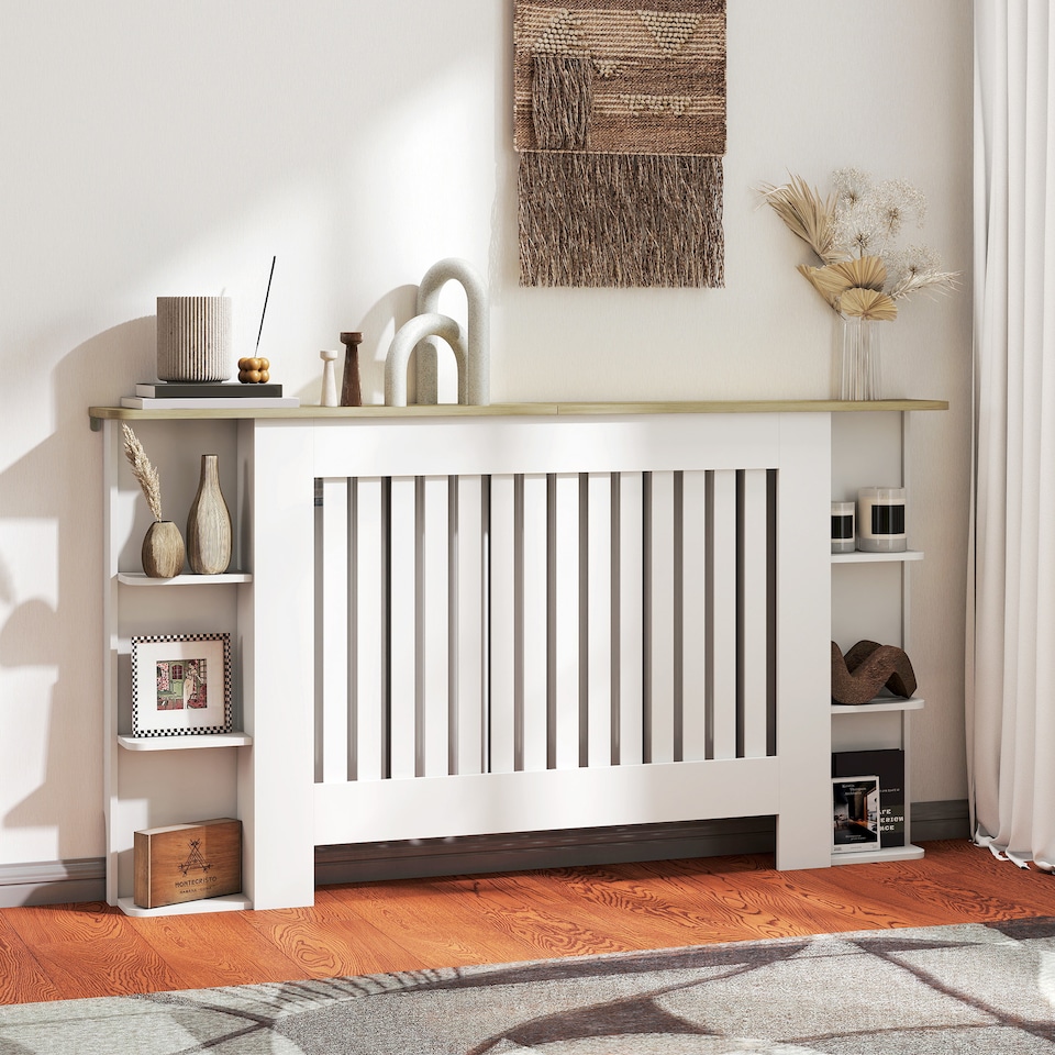 image 1 of HOMCOM Radiator Cover with Open Storage Shelves, Vertical Slatted Cabinet Shelf Heater Cover for Living Room, Hallway, Large, White (H: 83 / W: 152 / D: 19 cm) | White