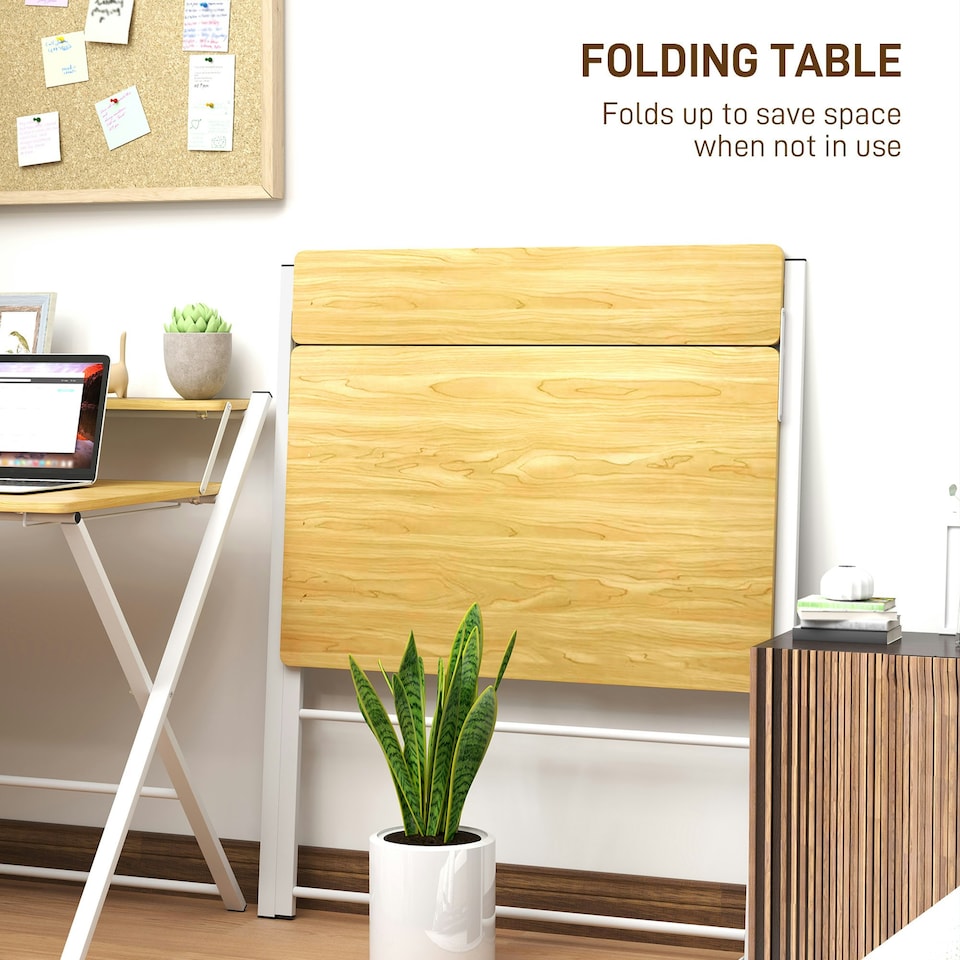 image 1 of HOMCOM Folding Desk with 2-Tier Shelf for Home Office, Maple Wood