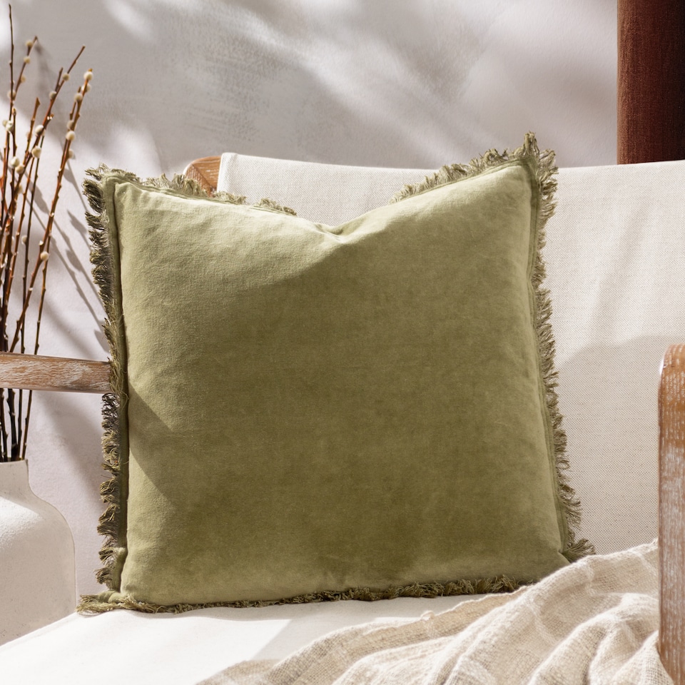 image 1 of Yard Jaye Cotton Velvet Cushion, Moss, 45 x 45cm